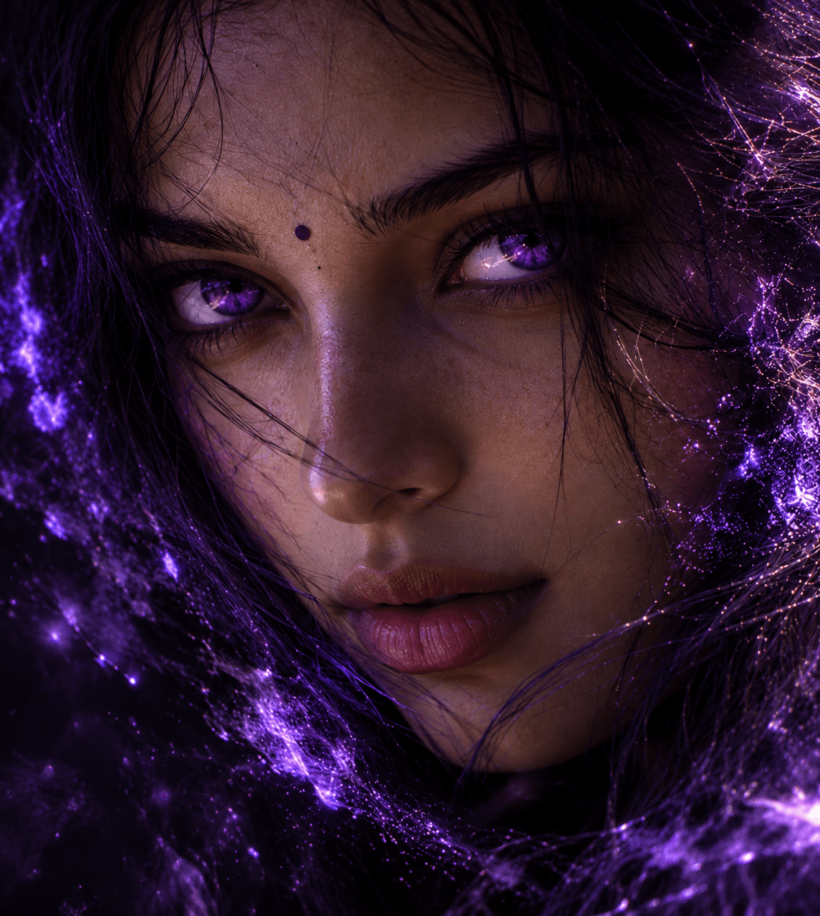 Sūtra, a woman with glowing violet eyes wrapped in strands of violet light